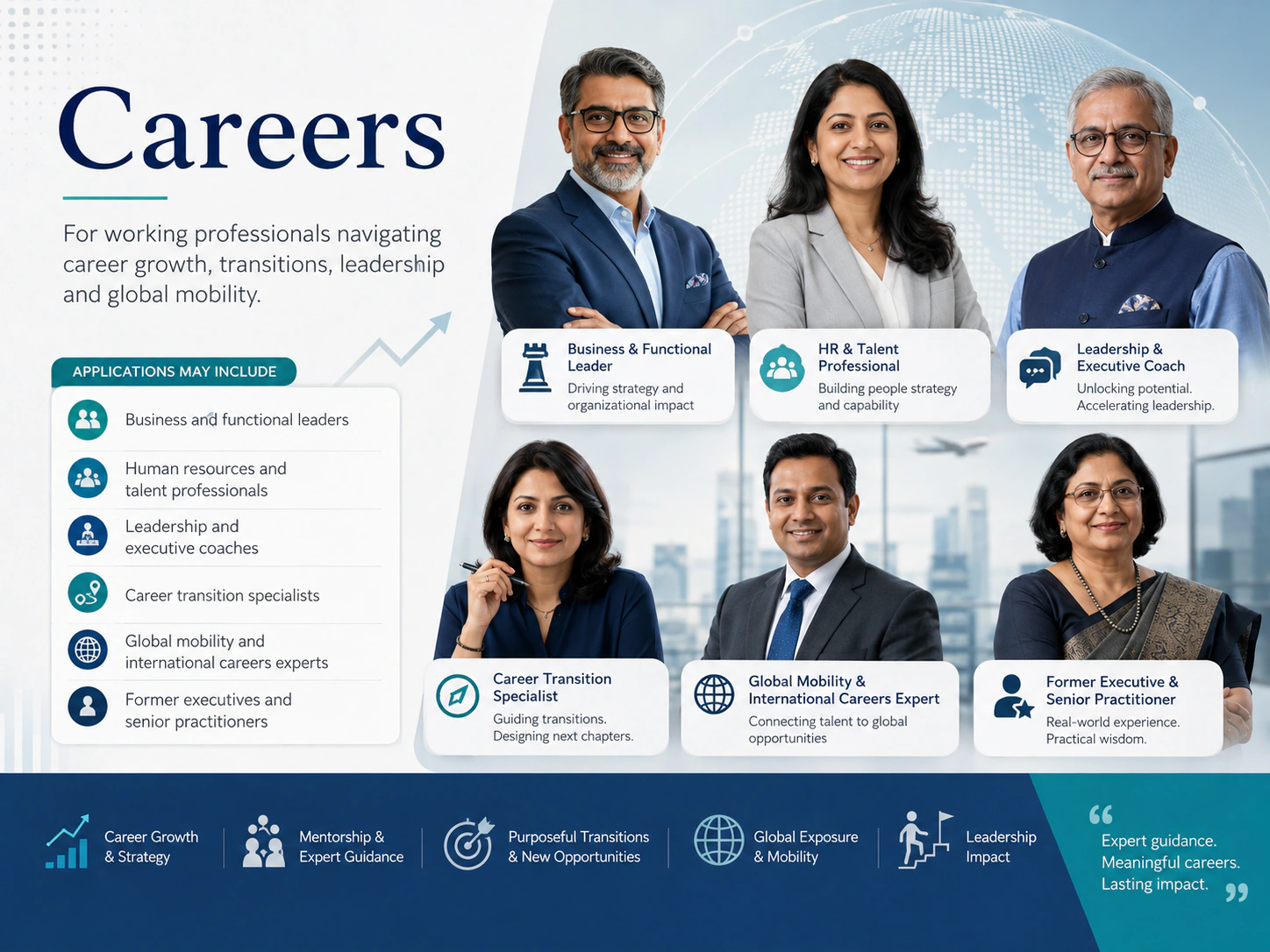 Careers infographic showing professional profiles that may apply and the outcomes their expertise can support.